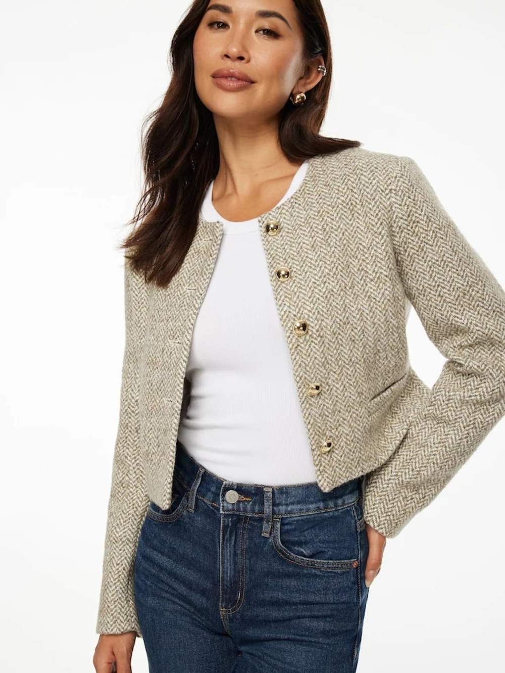 Dynamite Cropped Herringbone Button-Front Jacket - Beige